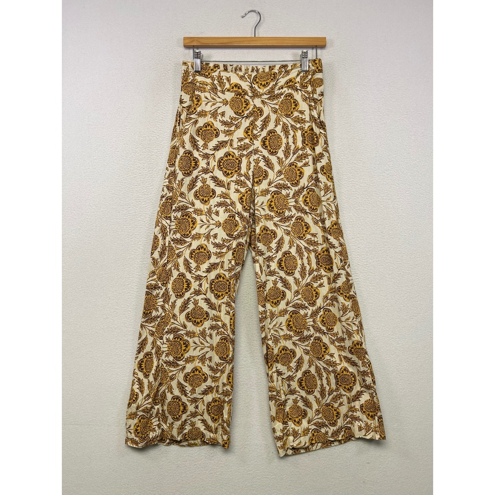 Boho Nicole Miller New York Womens XS Yellow Floral Linen Blend Wide Leg Pants